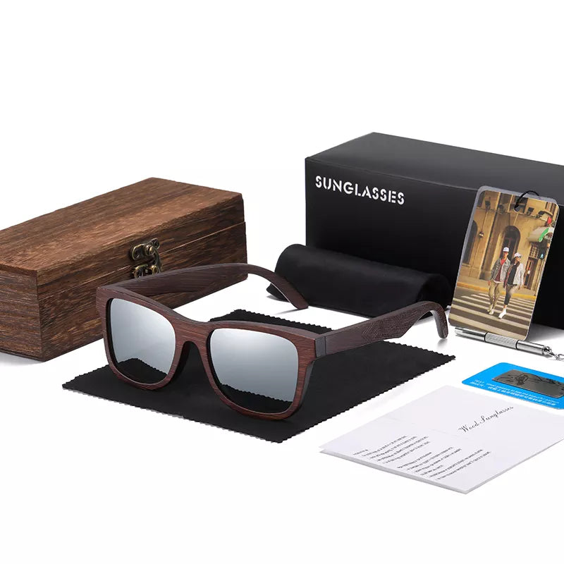 Product Image for Avelena | Herren Bamboo Holz Sonnenbrille mit Geschenkbox, Silber Quadratnetz / Dunkles Bambus