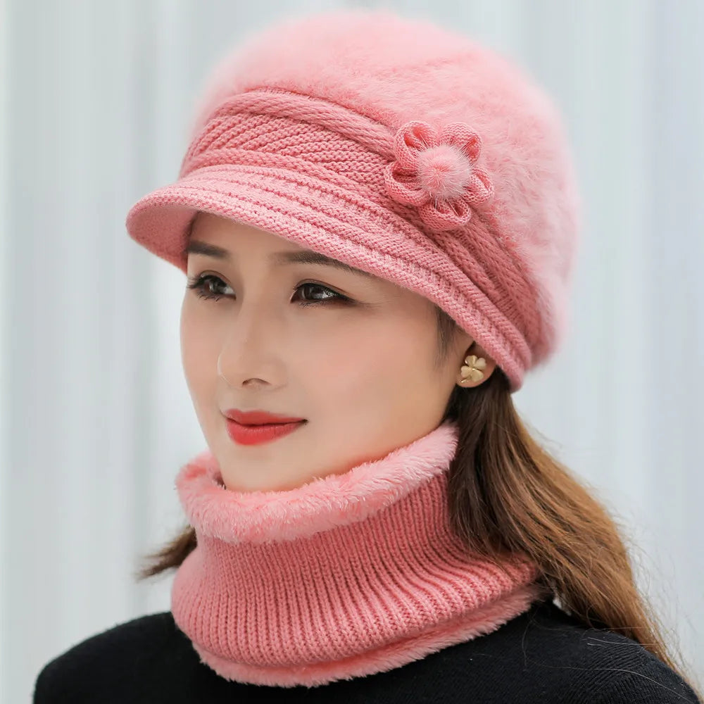 Product Image for Avelena | Damen Wintermütze & Schal Set - Futtergefütterte Strickmütze mit Falschem Pelzblume, Helles Rosa / 55cm-58cm