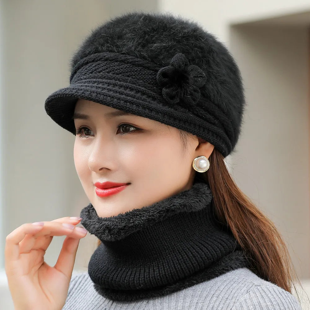 Product Image for Avelena | Damen Wintermütze & Schal Set - Futtergefütterte Strickmütze mit Falschem Pelzblume, Schwarz / 55cm-58cm