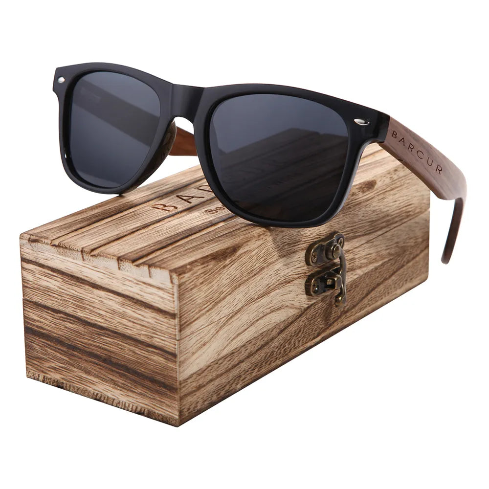 Product Image for Avelena | Herren Uv400 Schwarz Walnuss Holz Sonnenbrille, Matt schwarze Holzkiste / BARCUR Polaroid