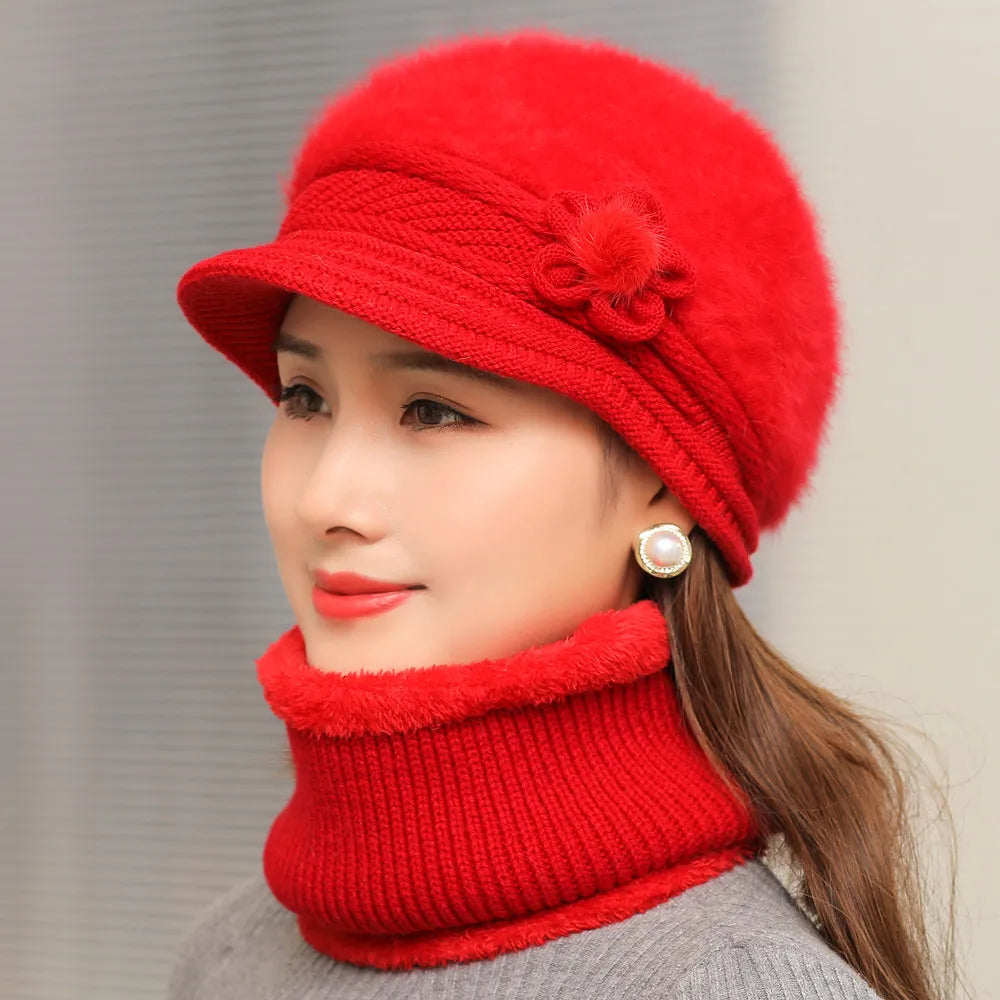 Product Image for Avelena | Damen Wintermütze & Schal Set - Futtergefütterte Strickmütze mit Falschem Pelzblume, Rot / 55cm-58cm