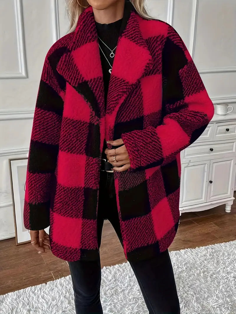 Product Image for Avelena | Karomuster Teddy Mantel Lässige Eleganz mit Wasserfallkragen, Rot / XL