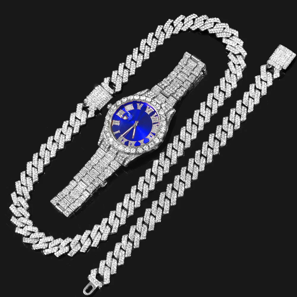 Product Image for Avelena | Hip Hop Bling Trio Cuban Kette Schmuck Set, SLBL ein Set mit Uhren / 8in und 20in / Breite 14MM