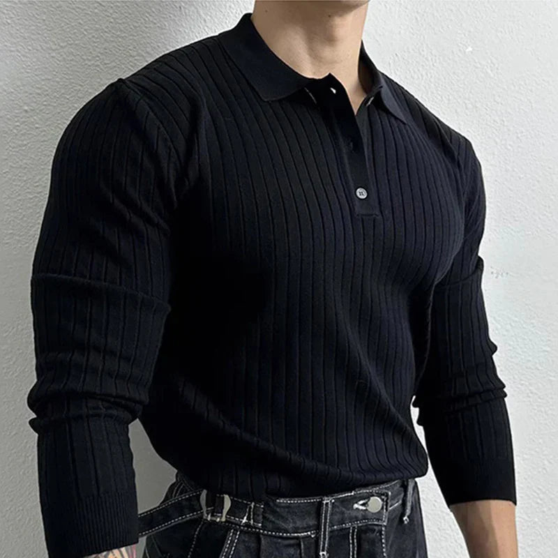 Product Image for Avelena | Herren Strick Polohemd Slim Fit, Langarm und Gerippt, Schwarz / L