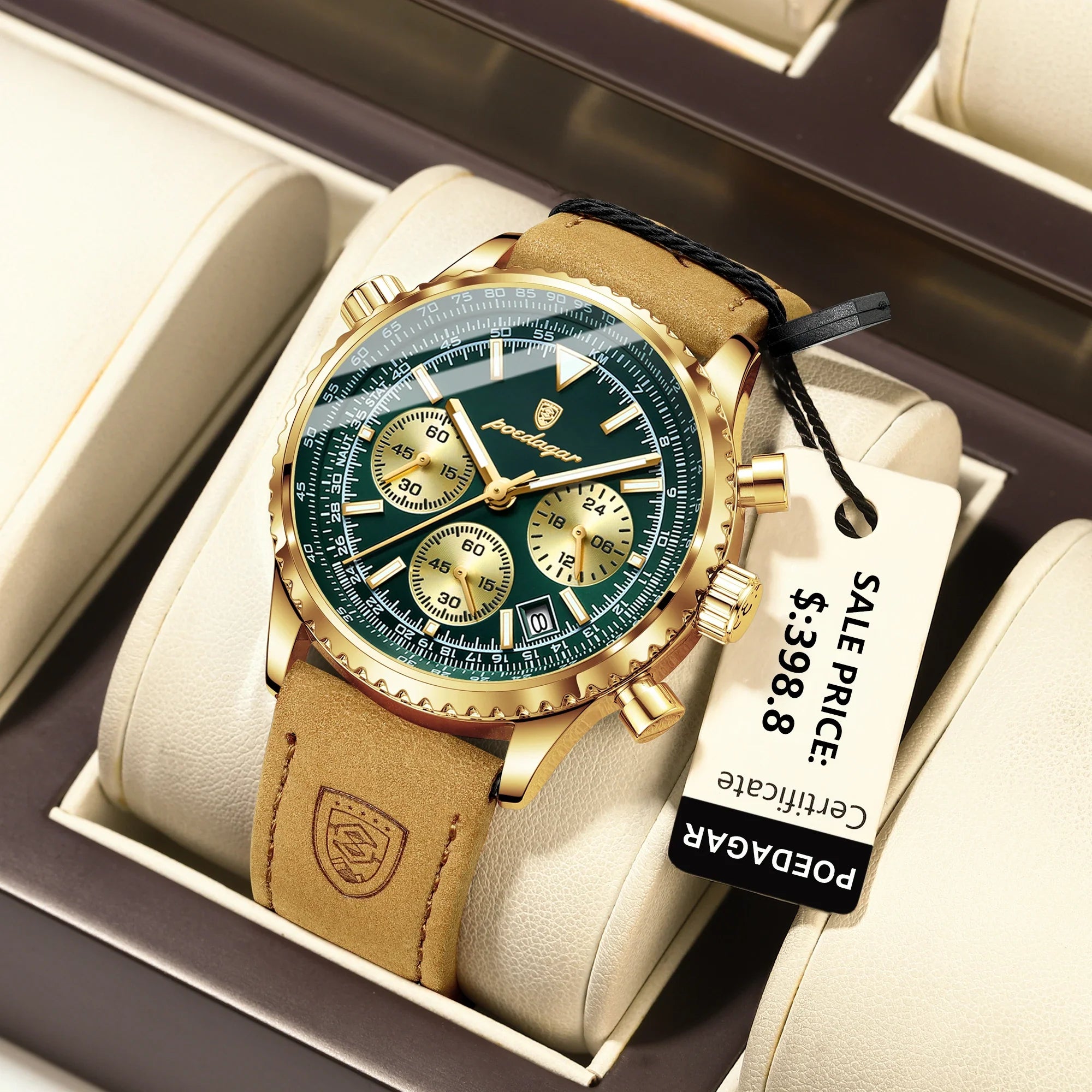 Product Image for Avelena | Herren Quarzchronografuhr - Wasserdichte Leuchtende Militärsportuhr mit Lederarmband, 960Gold Grün L