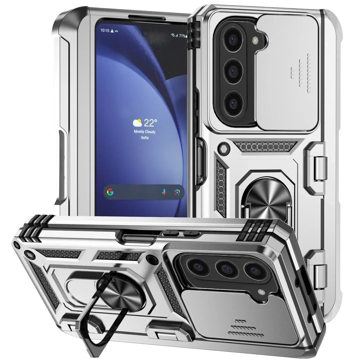 Product Image for Avelena | Extreme Z Fold 6, 5, 4 Stoßfester Ring Stand Cam Slide Hülle, Zilver / Z Fold 5