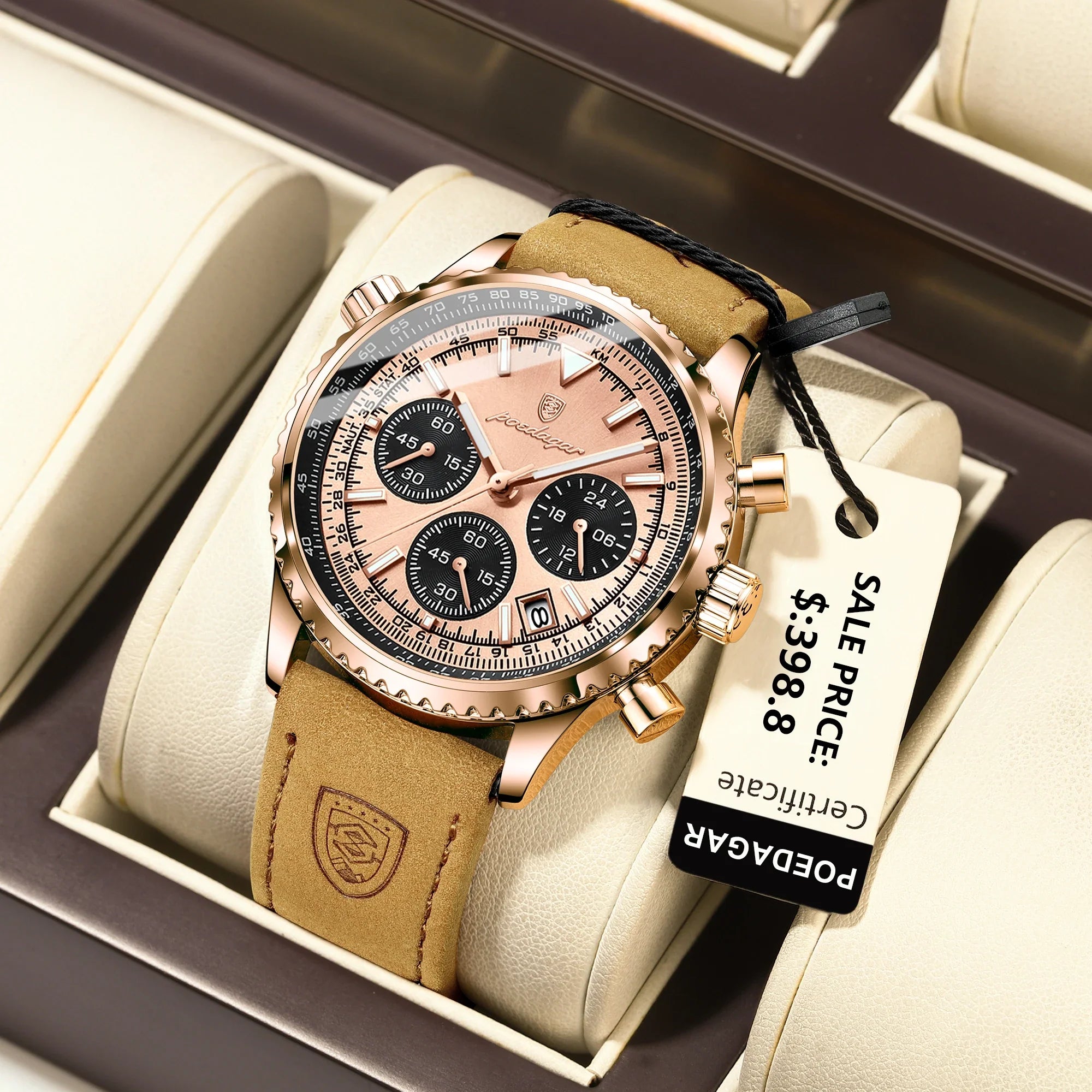 Product Image for Avelena | Herren Quarzchronografuhr - Wasserdichte Leuchtende Militärsportuhr mit Lederarmband, 960RoseGold Gold L