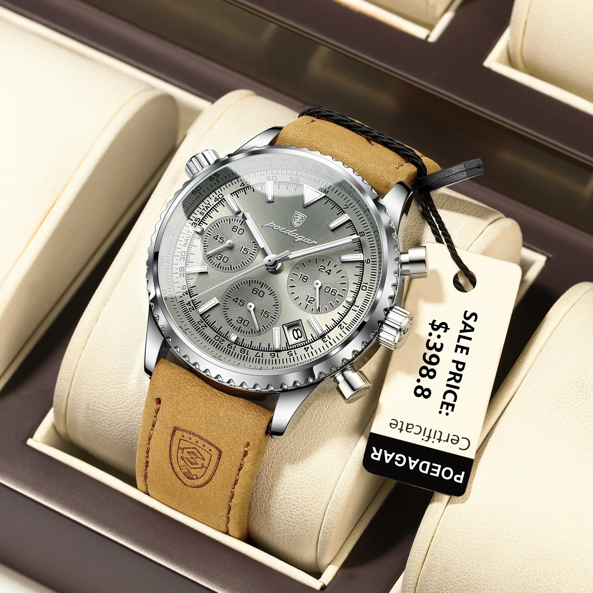 Product Image for Avelena | Herren Quarzchronografuhr - Wasserdichte Leuchtende Militärsportuhr mit Lederarmband, 960Silver GunColor L