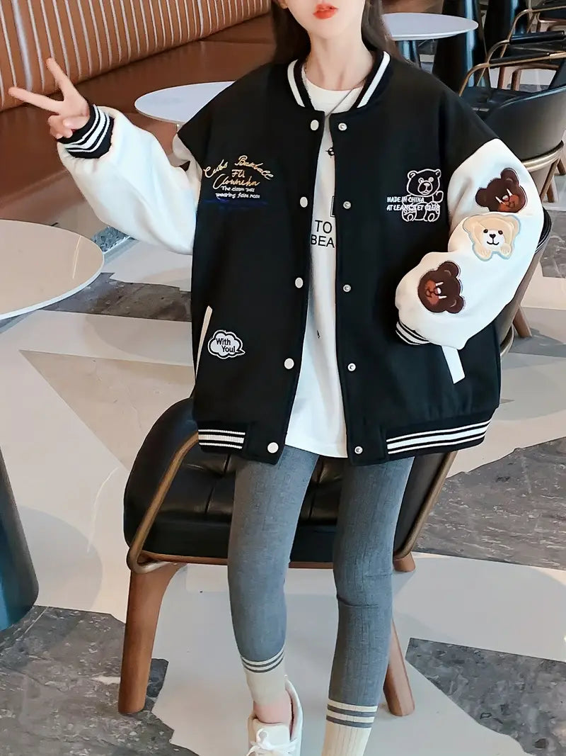 Product Image for Avelena | Bären-Elemente Varsity Jacke für Schuluniform, Weiß / 7-8Y