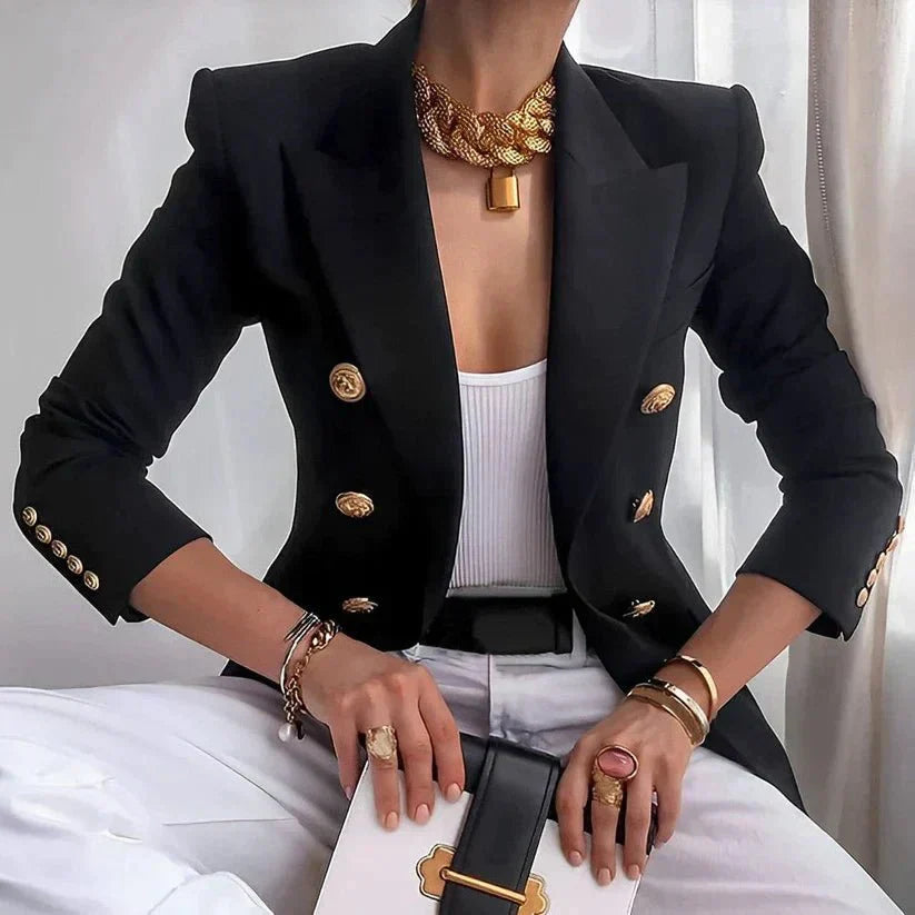 Product Image for Avelena | Schwarze Damenjacke mit doppelter Knopfleiste und goldenen Knöpfen, Schwarz / XL
