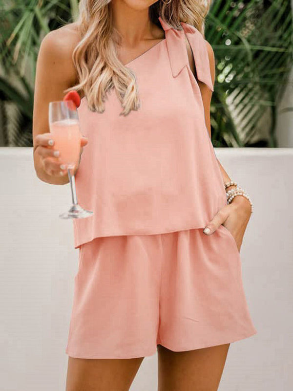 Product Image for Avelena | Schulter Schleife Top Weit Bein Elastischer Taillen Hose Shorts Zum Geteilt Set, Rosa / M