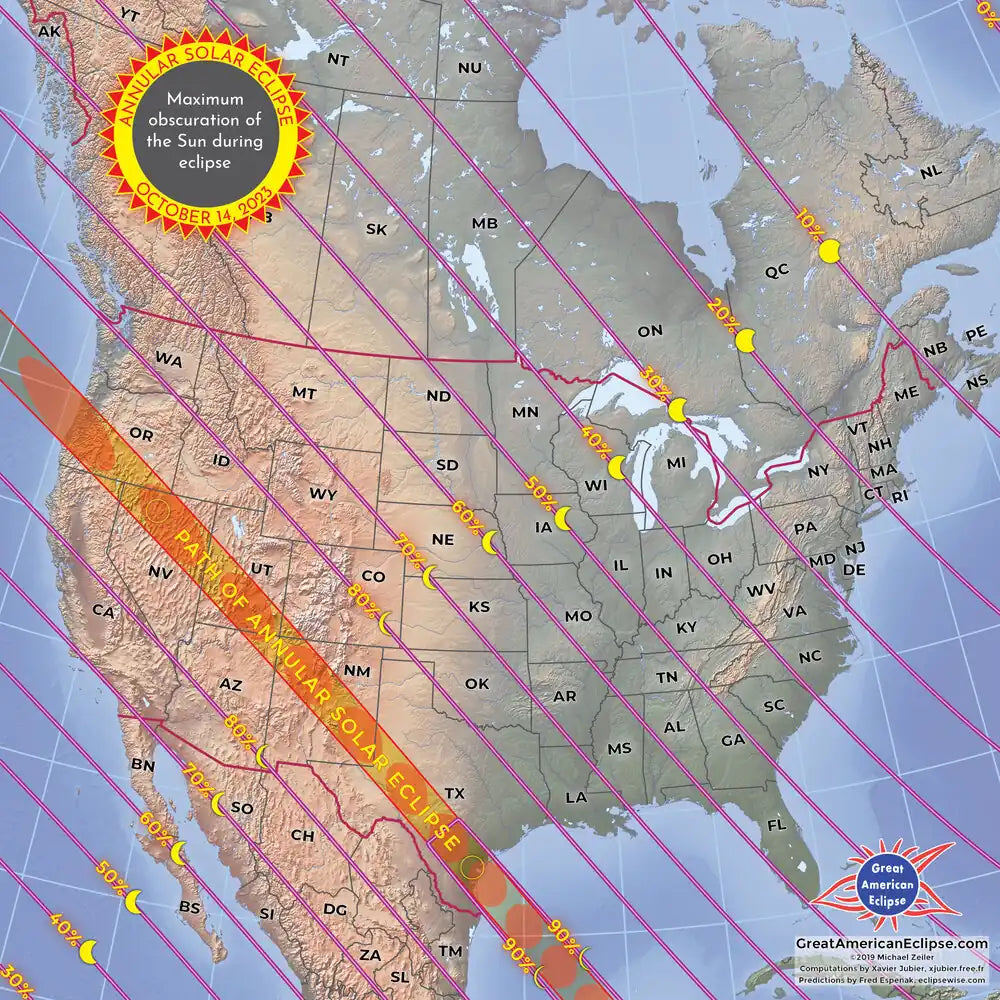 map of north america showing eclipse obscuration; graphic credit to Michael Zeiler, GreatAmericanEclipse.com