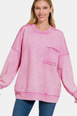 Zenana Exposed Seam Round Neck Dropped Shoulder Sweatshirt - Amplified Queens 