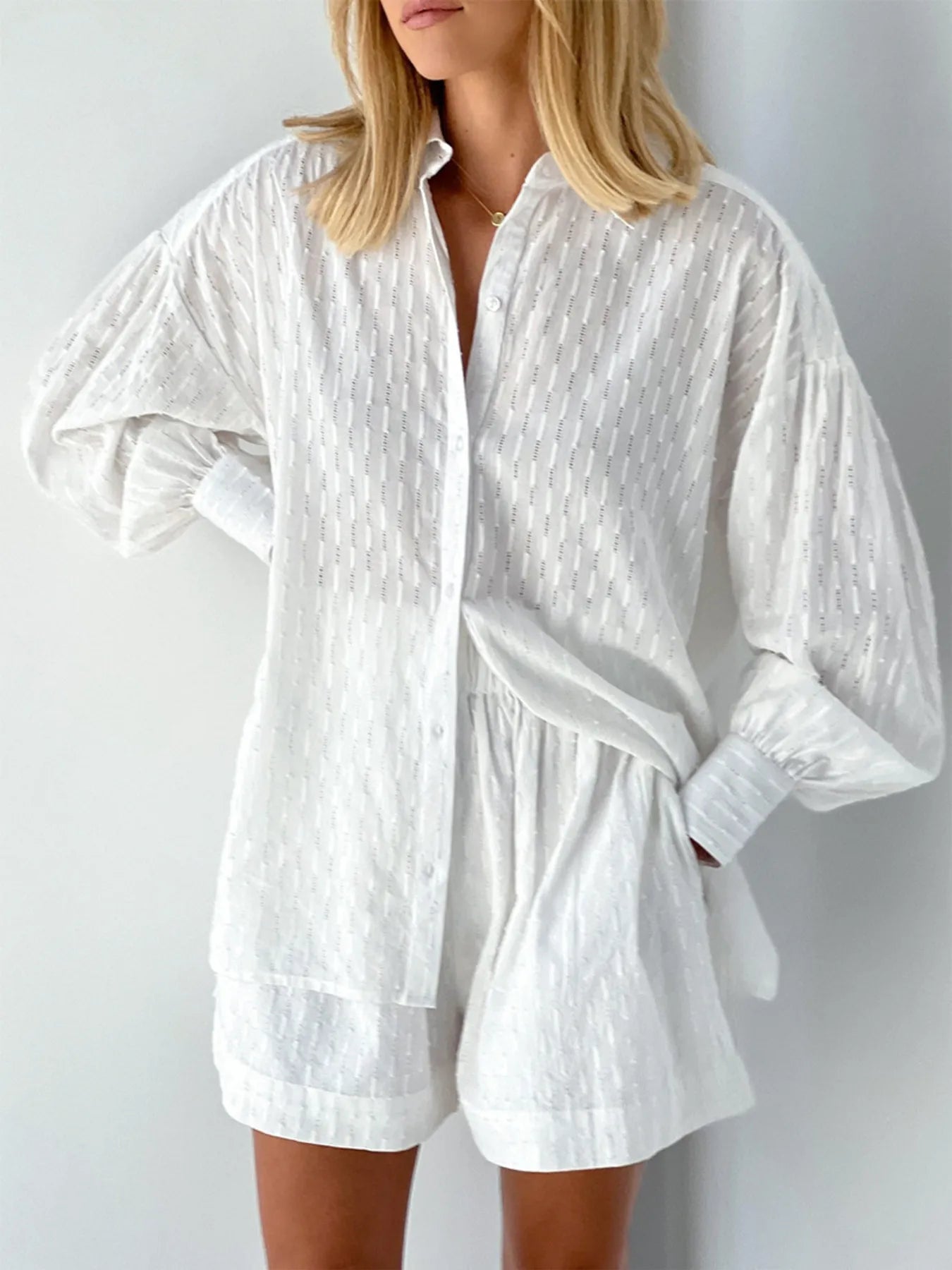 Textured Button-Up Shirt and Shorts Set