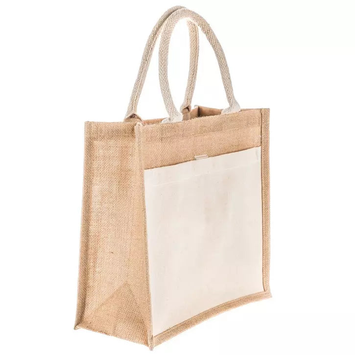 Small Custom Jute Tote Bag with Canvas front Pocket| Tailor-Made Keepsakes