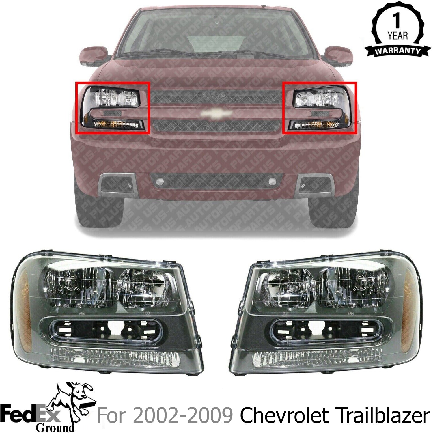 New Front Headlights Assembly Left Driver and Right Passenger Side For 2002-2009 Chevrolet Trailblazer