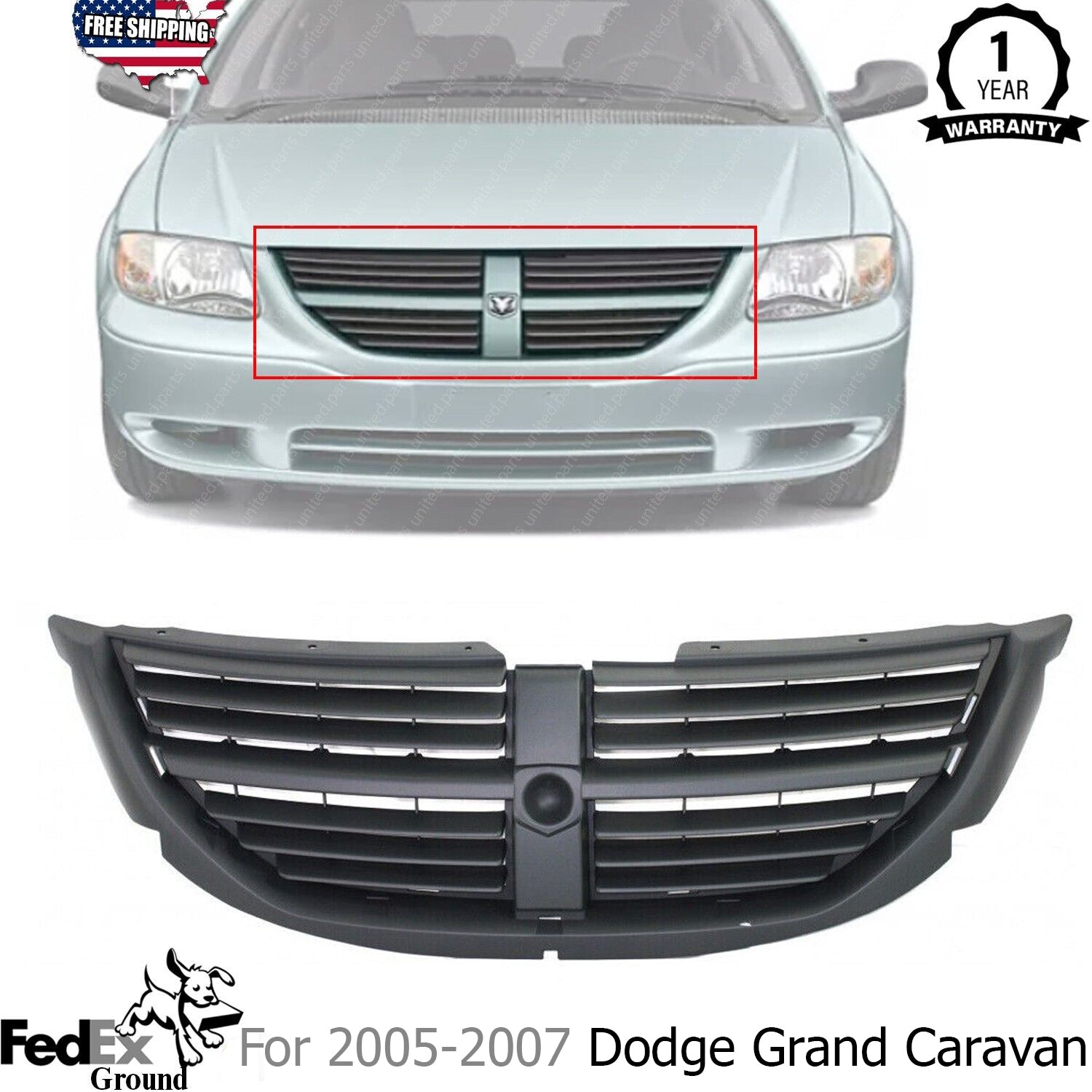 New Front Grille Painted Black Shell and Insert Polypropylene For 2005-2007 Dodge Grand Caravan