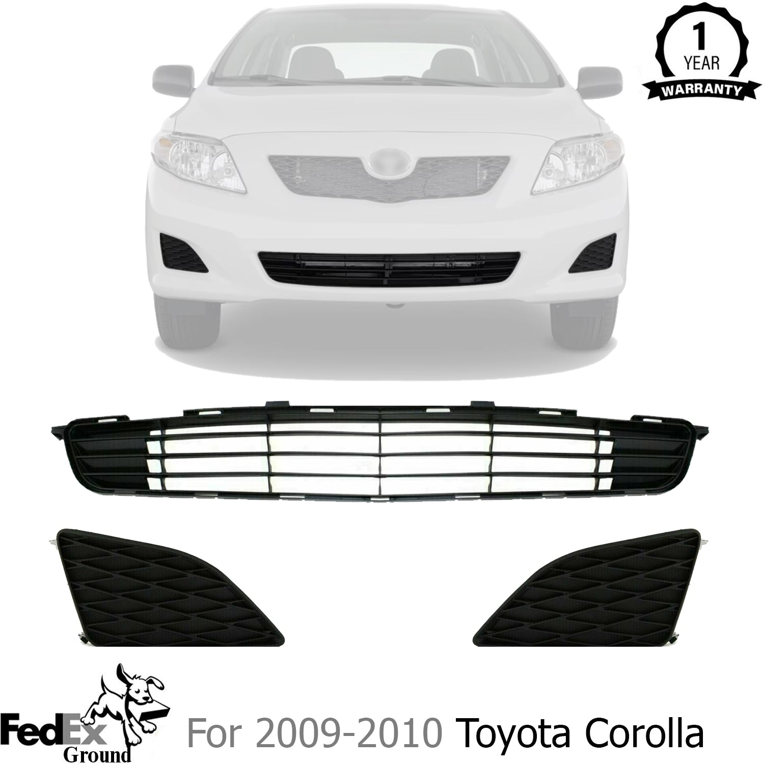 New Front Bumper Lower Grille Textured + Fog Light Covers For 2009-10 Toyota Corolla