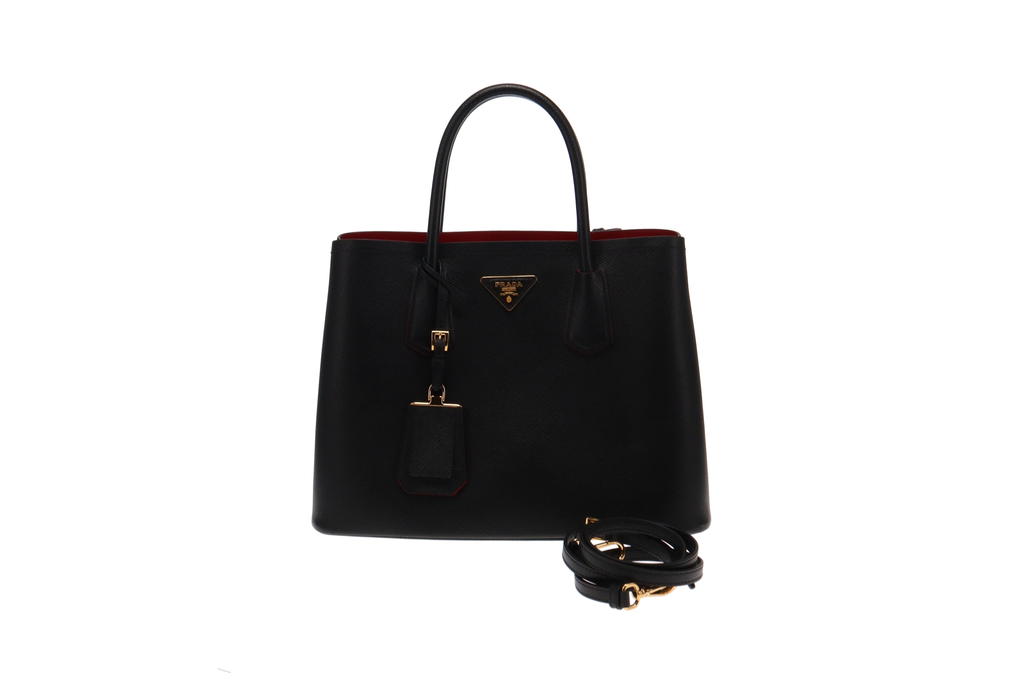 Prada Double Tote Nero & Fuoco Saffiano Cuir – Designer Exchange Ltd