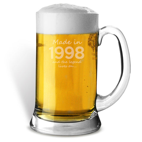 Made In 1998 and The Legend Lives On Glass Tankard