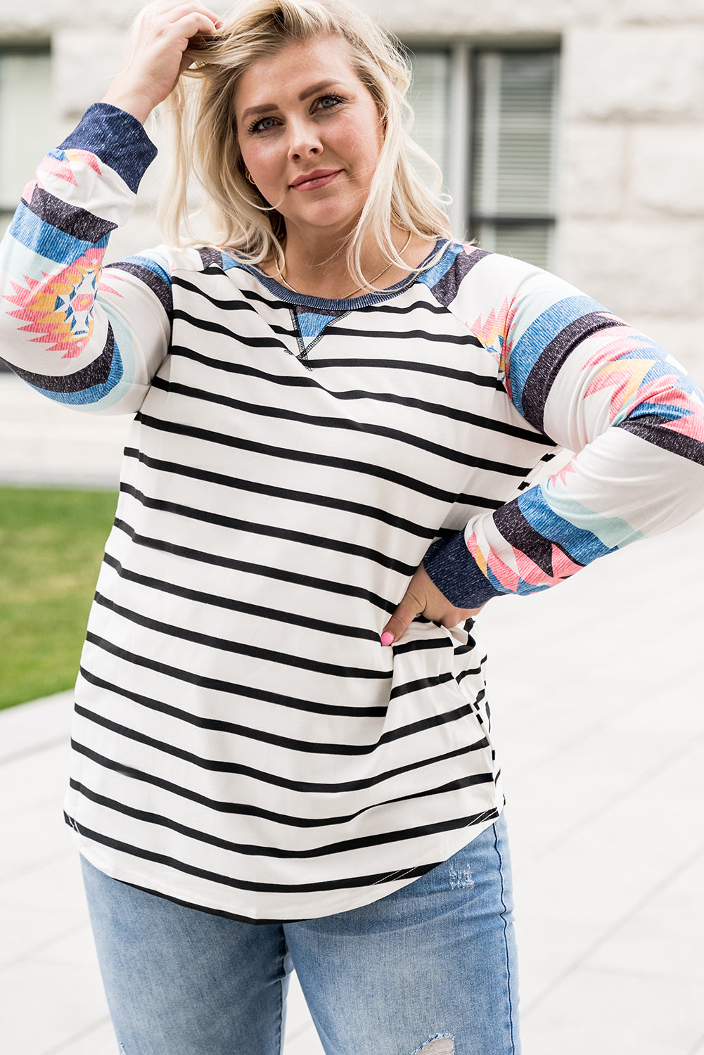 White Striped Aztec Print Long Sleeve Plus Size Top