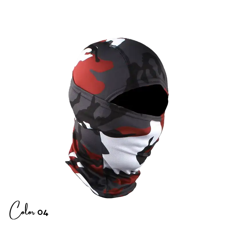 Cagoule balaclava tactique avec motif camouflage noir, rouge et blanc, respirante et extensible, conçue pour la protection outdoor et le sport extrême.