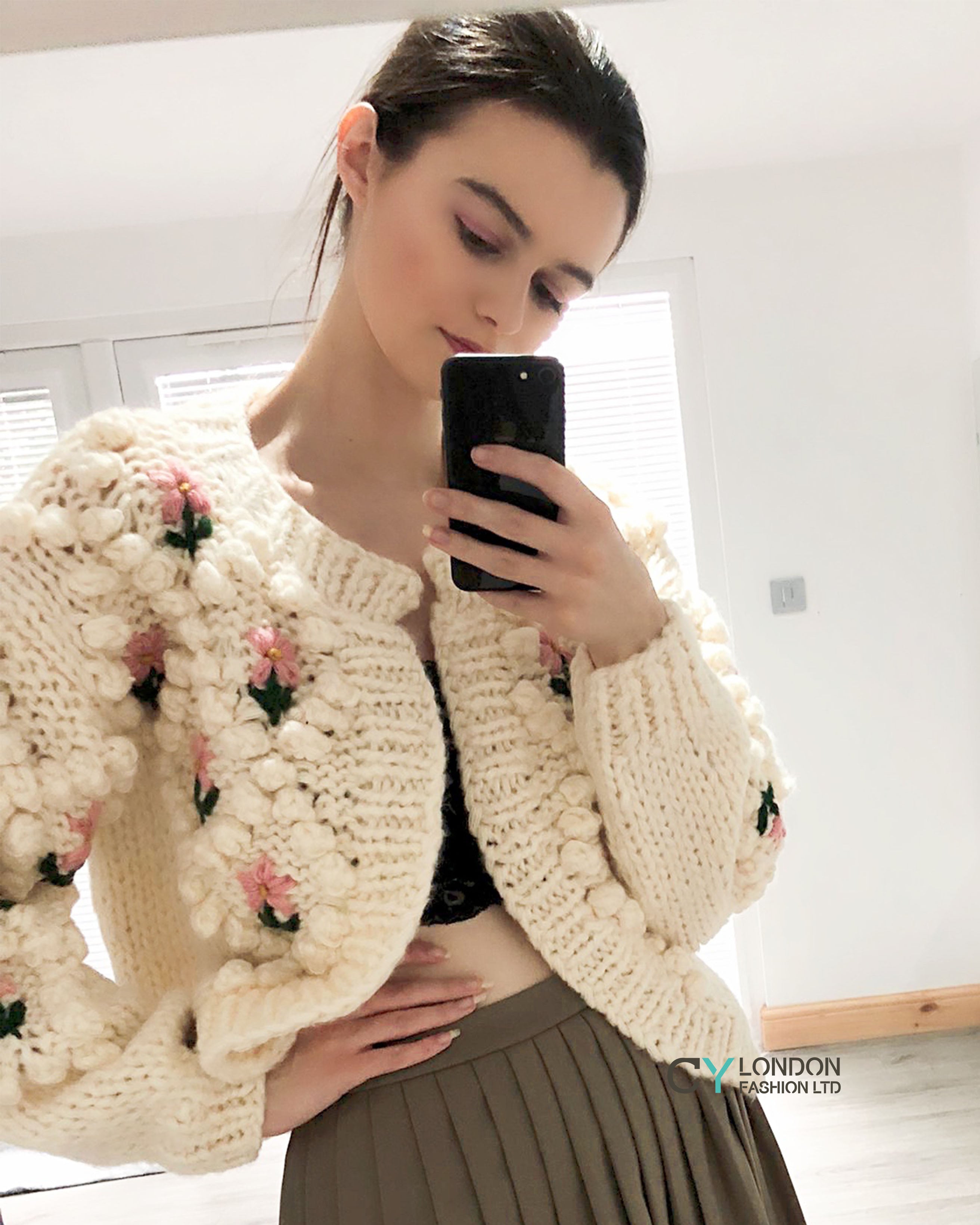 Haristie Beige Floral Knit Cardigan