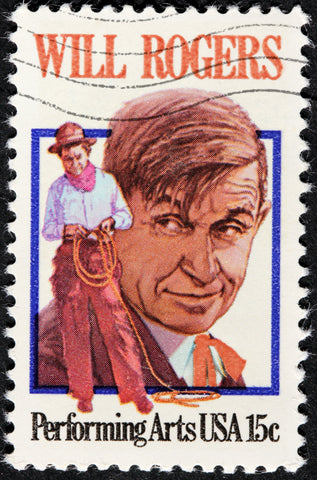 Will Rogers depicted with his rope on a US postage stamp