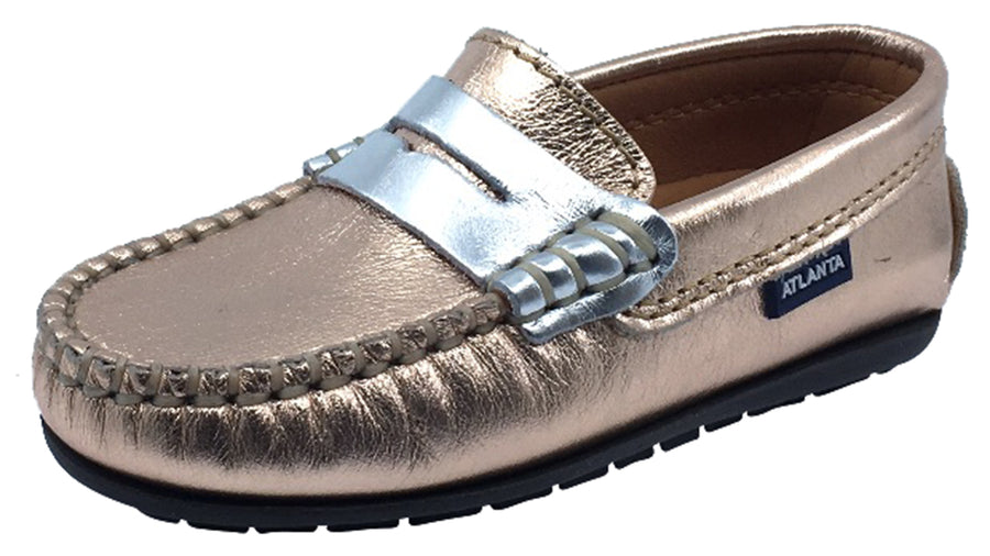 Leather Penny Loafers, Rose Gold/Silver 