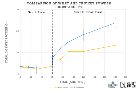 line chart comparing the digestability of whey vs cricket protein