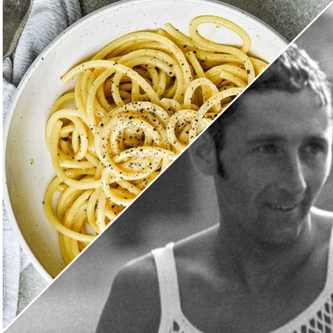 image of a bowl of pasta cut in half showing Ron Hill