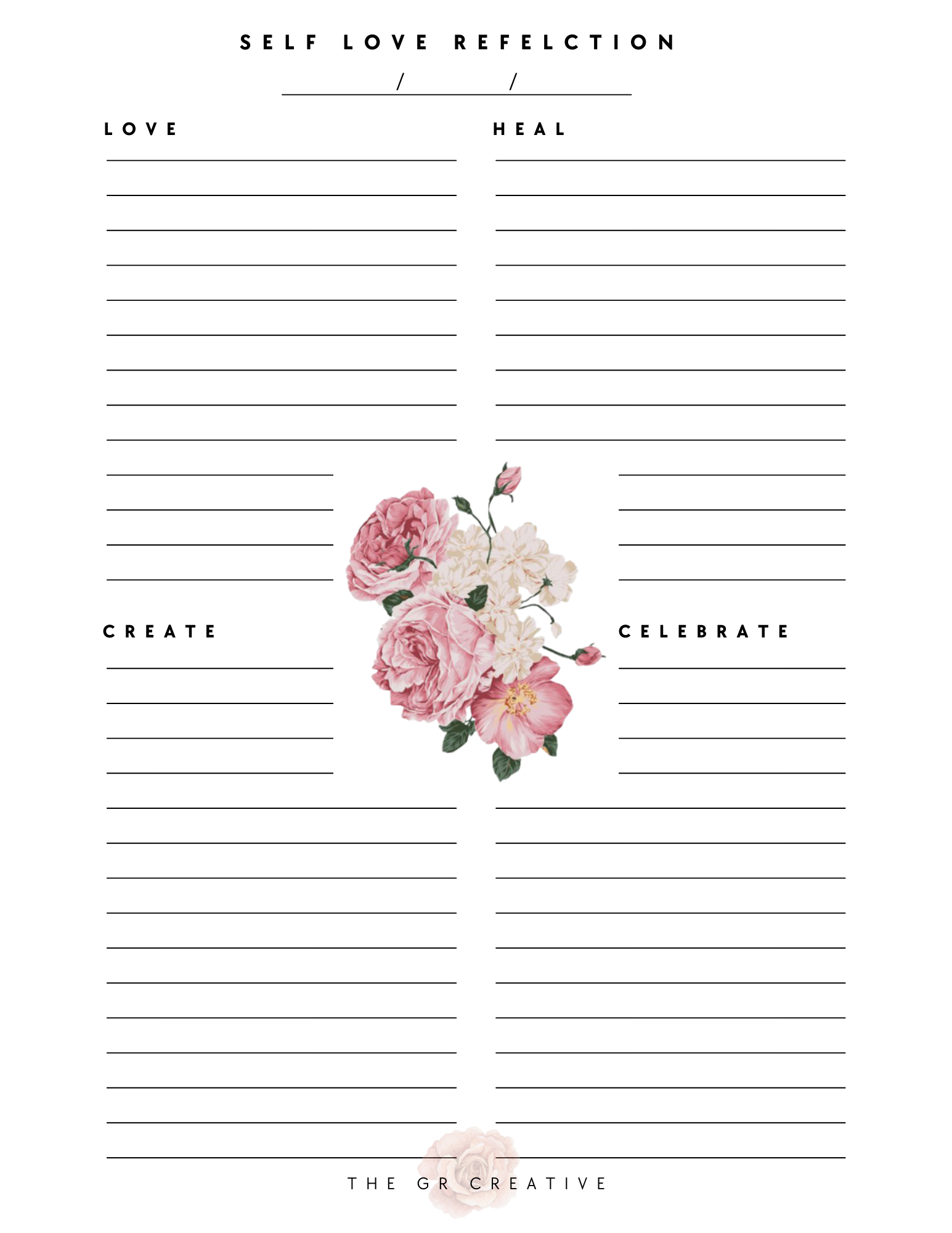"Love. Heal. Create. Celebrate" daily reflection and journal template