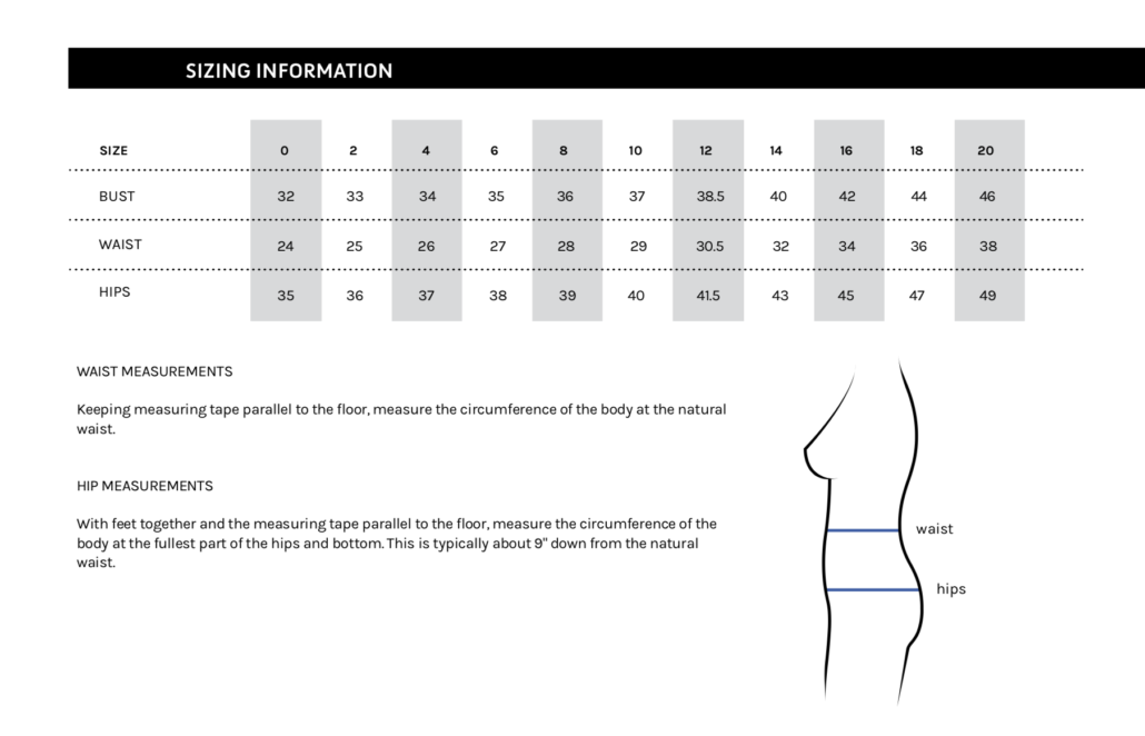 garment sizing table for orange lingerie