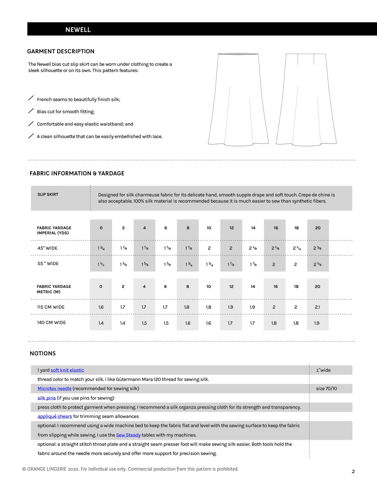 Newell Slip Skirt Instant Download PDF Sewing Pattern - Orange Lingerie