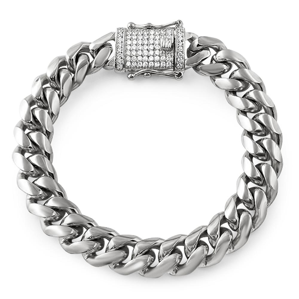 CZ Diamond Lock 14MM Cuban Bracelet Stainless Steel – BlingBlowout