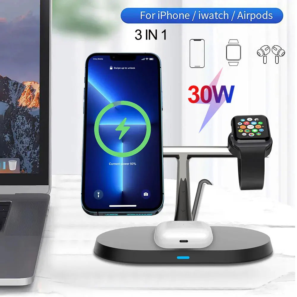 3 IN 1 30W for Magsafe Magnetic Wireless Charger Pad Fast Charging Dock Station Induction for iPhone 15 14 Apple Watch AirPods