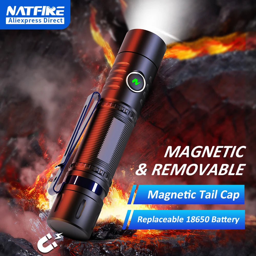 Magnetic Powerful Rechargeable LED Flashlight with Removable 18650 Battery Optional 1000LM EDC Torch USB C Charging