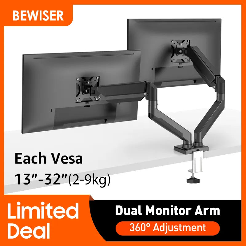 Bewiser Desktop Gas Spring Dual Monitor Holder Arm for 13"-32" Screen Display Support Air Press Mount Stand Load 2-9kg Each VESA