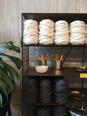 plump and co giant yarn at ponsonby pop up store to make giant blankets using wool from new zealand and giant needles and crochet hooks made here in nz