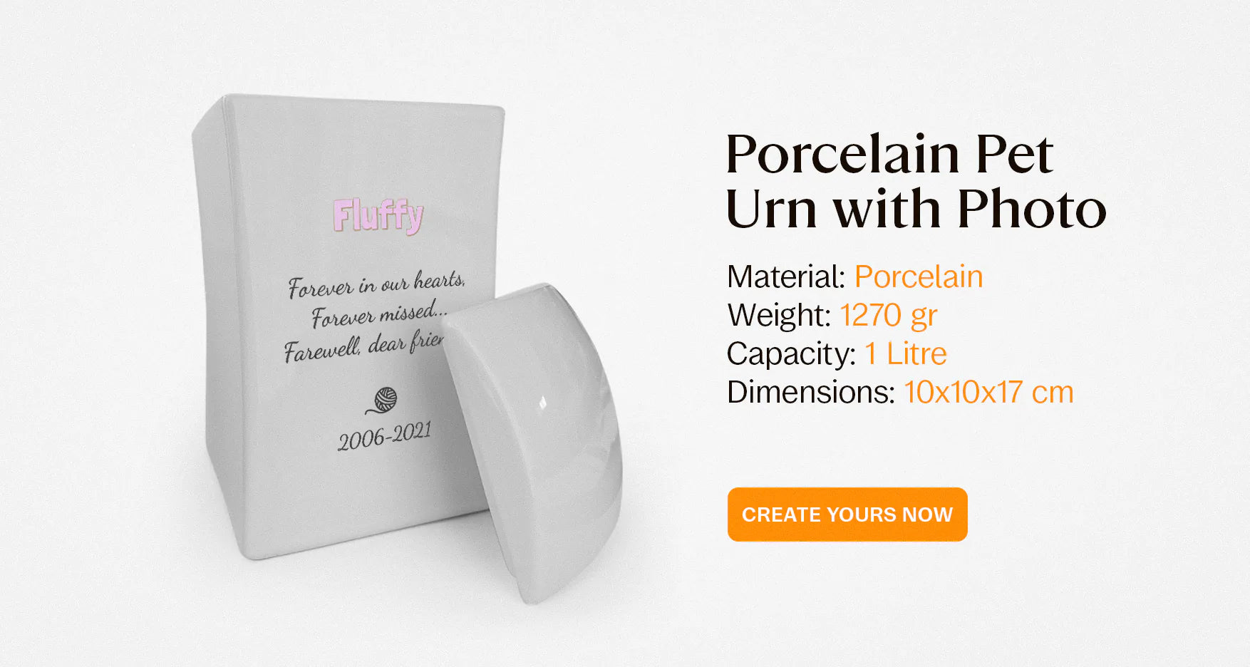 Porcelain pet urn with photo on a white background