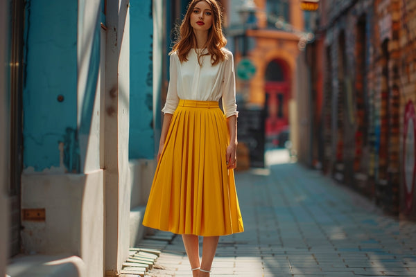 femme en jupe orange dans la rue