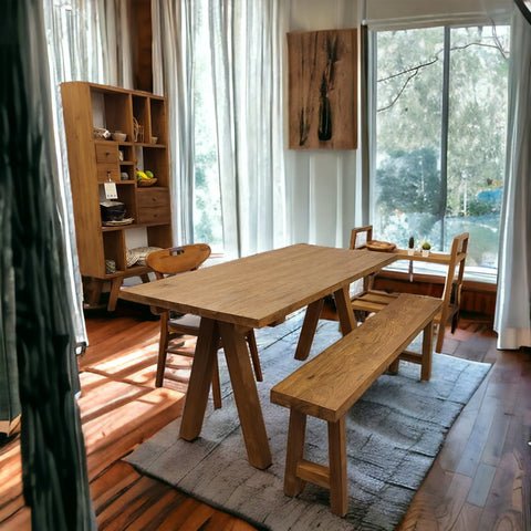 Fontera reclaimed wood dining table and capri wooden bench in dining room setting by Mellowdays Furniture