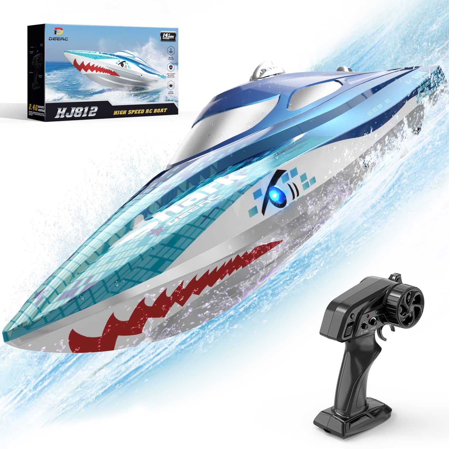 DEERC HJ812 Full Proportional Remote Control Boat with LED Lights, Shark Graffiti, 20+ MPH,2.4GHz High Speed RC Racing Boats for Lakes,Pool Toys for Kids & Adults