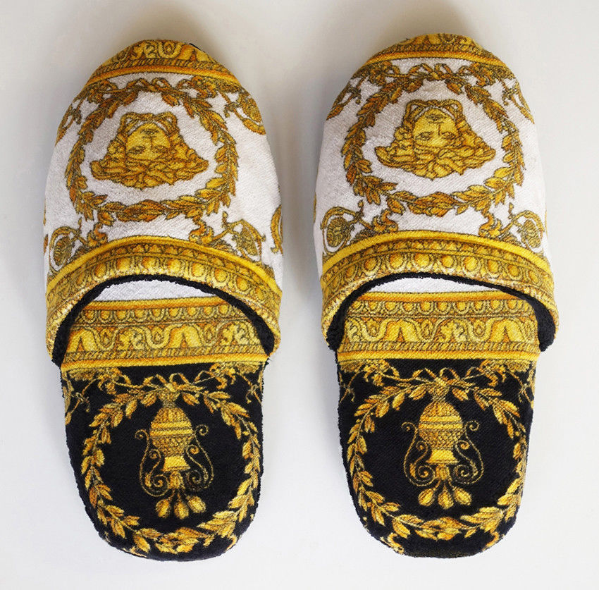 black and gold slippers