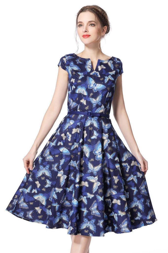 Navy Blue Butterfly V Neck Vintage Dress by Number 9 Fashion