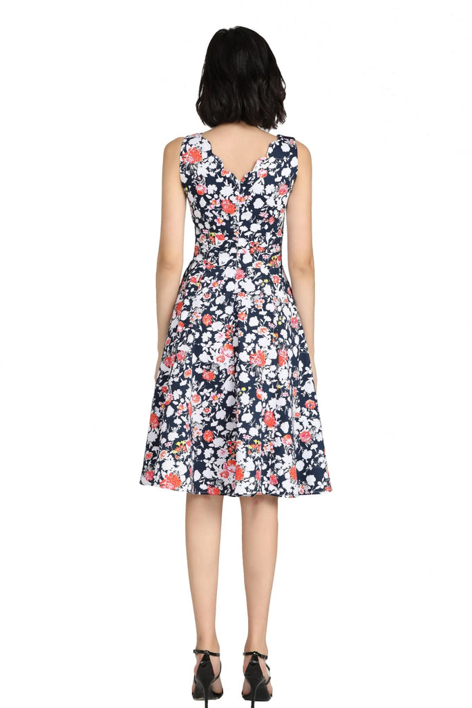 Navy Floral Scallop Neckline A Line Cotton Dress with Pockets
