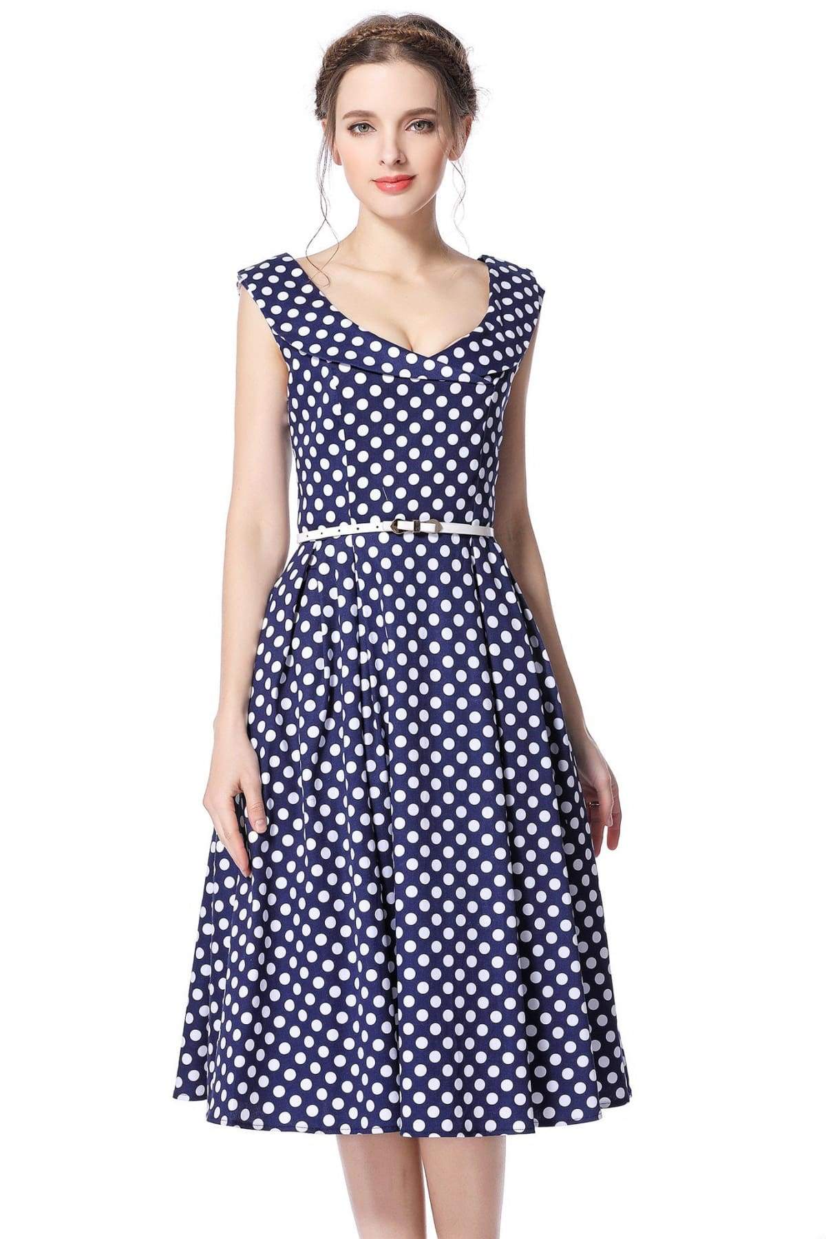 Navy & White Polka Dot Cross Neck Vintage Swing Dress by Number 9