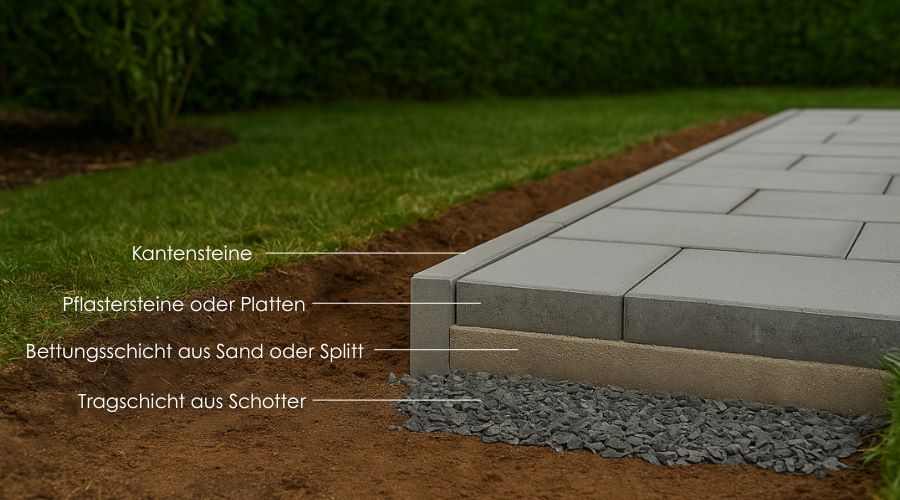 Querschnitt eines Gartenwegs mit Pflastersteinen, Kantensteinen, Bettungsschicht aus Sand oder Splitt und Tragschicht aus Schotter – Aufbau Schritt für Schritt erklärt.