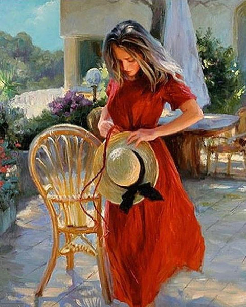 woman in red dress painting