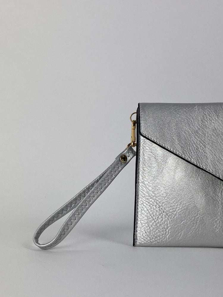 silver clutch bag with strap